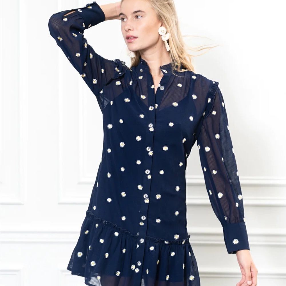 Drop waist “the shirt” dress sheet embroidered daisies button up